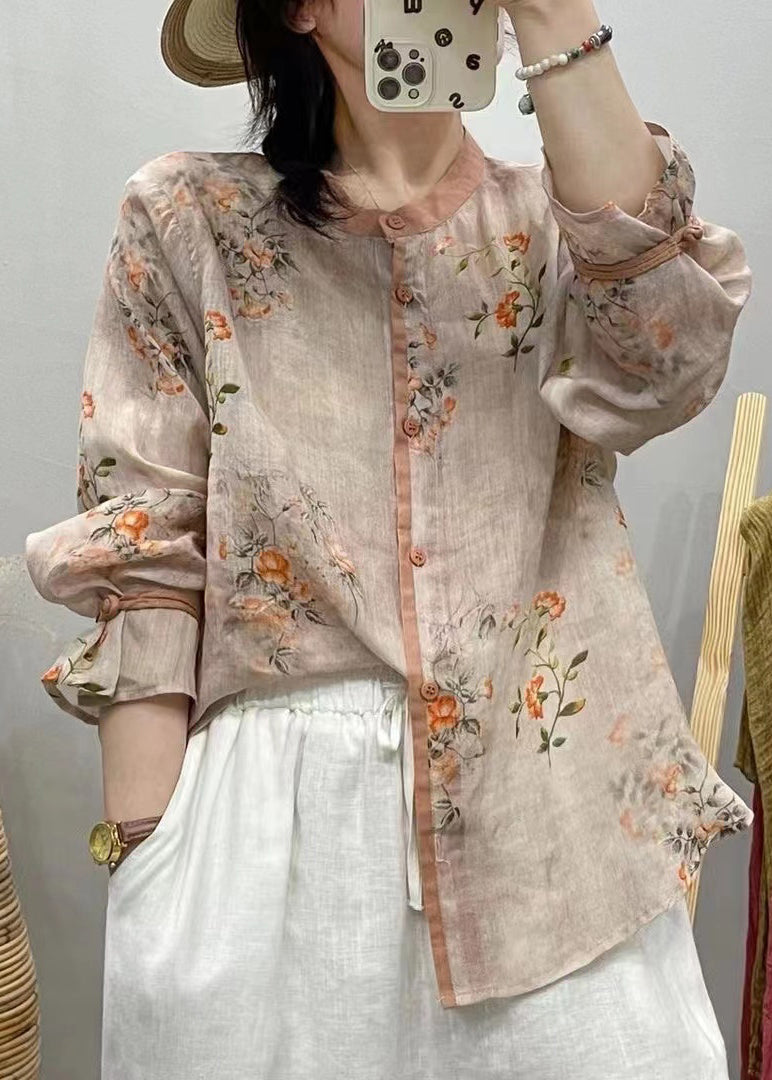 Khaki Print Patchwork Linen Shirts Top Button Long Sleeve