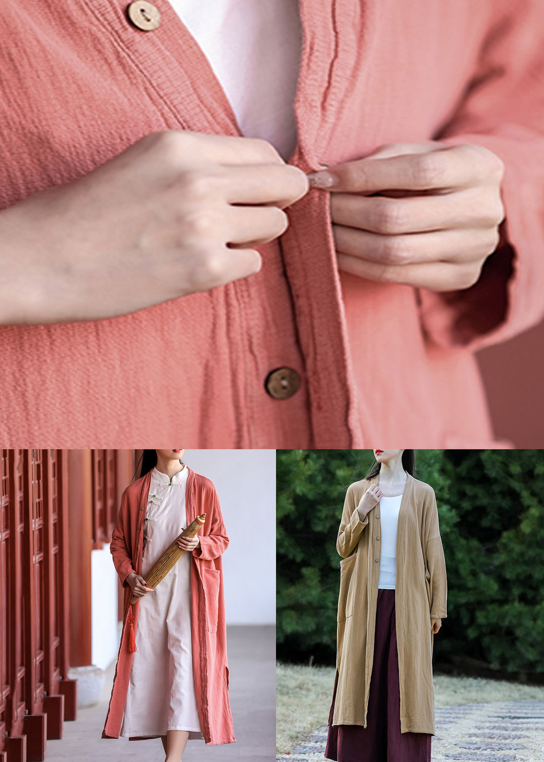 Khaki Side Open Patchwork Cotton Long Coat O Neck Long Sleeve