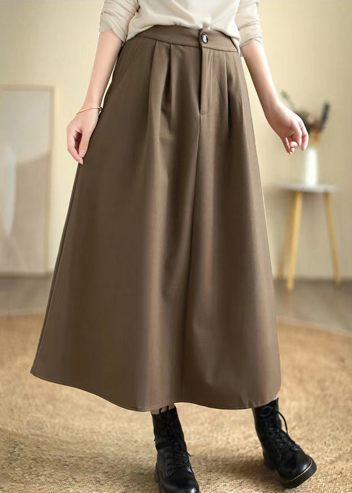 Khaki Silm Fit Woolen A Line Skirt High Waist Spring