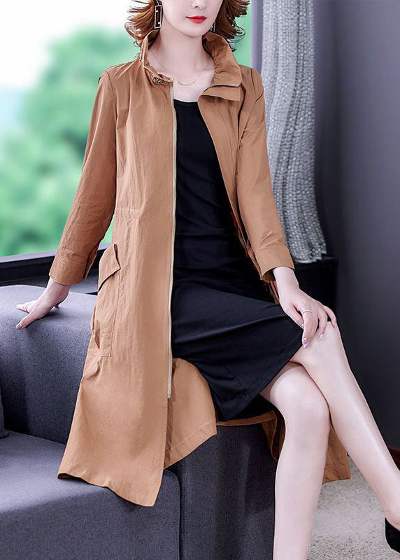 Khaki Solid Silk Trench Drawstring Zippered Long Sleeve