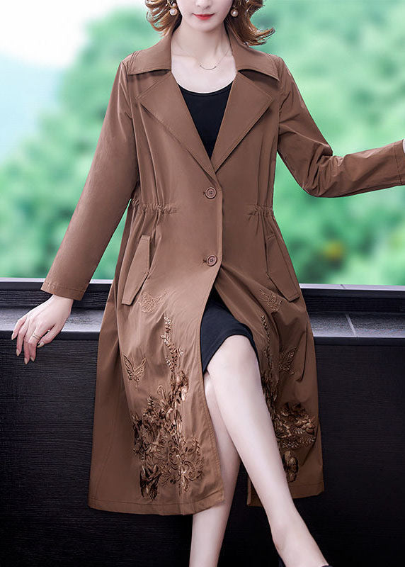 Khaki Solid Spandex Cinch Trench Coat Notched Collar Fall