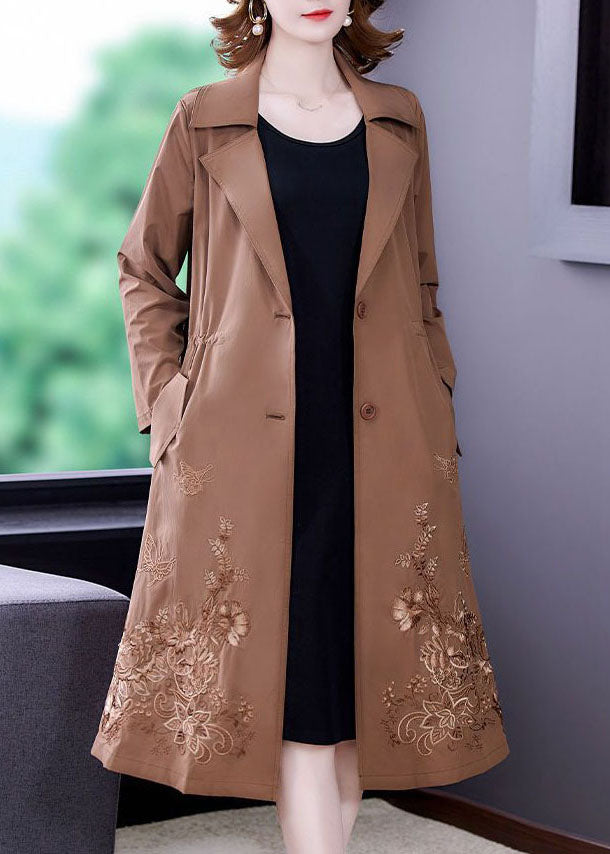 Khaki Solid Spandex Cinch Trench Coat Notched Collar Fall