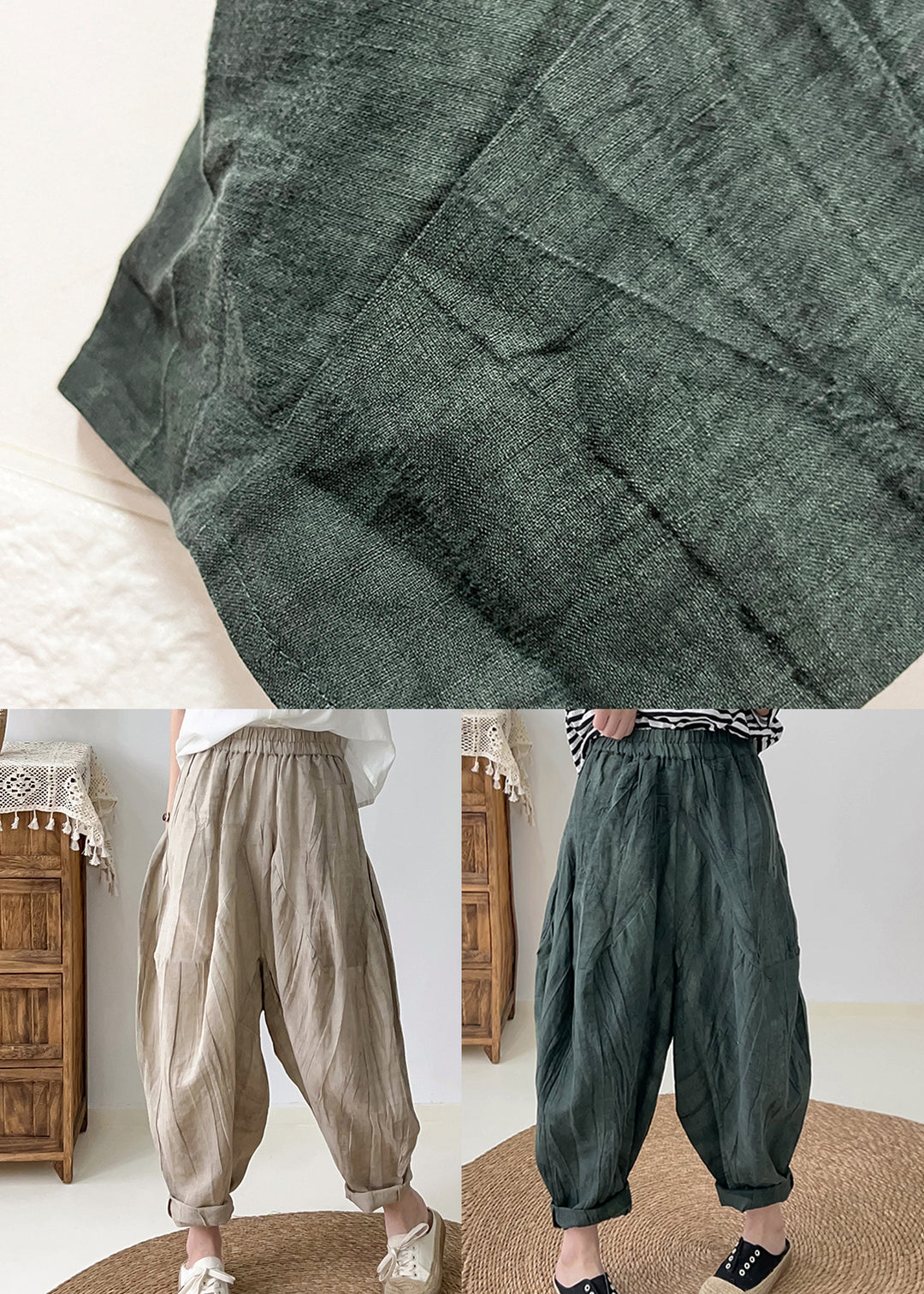 Khaki Tie Dye Linen Harem Pants Oversized Wrinkled Fall