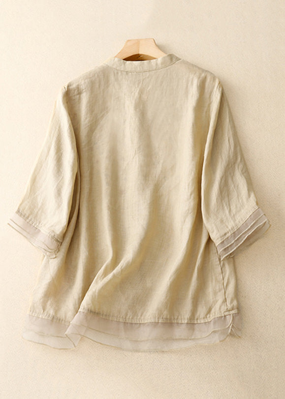 Khaki Tulle Patchwork Cotton Shirts V Neck Half Sleeve