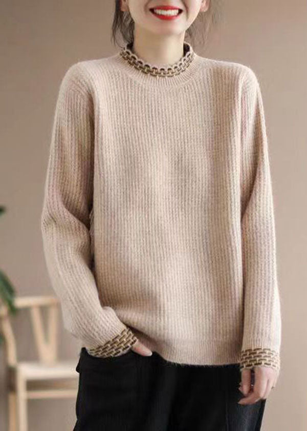 Khaki Warm Knit Pullover Tops High Neck Oversized Winter