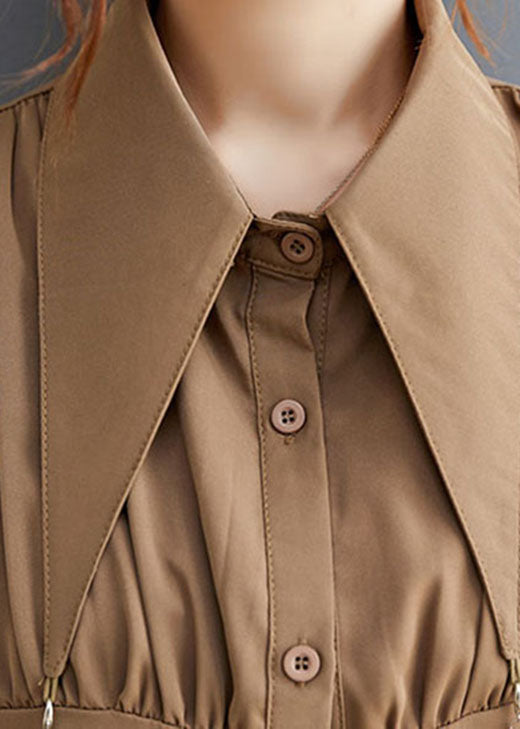 Khaki wrinkled Button Holiday Shirt Dress Long Sleeve