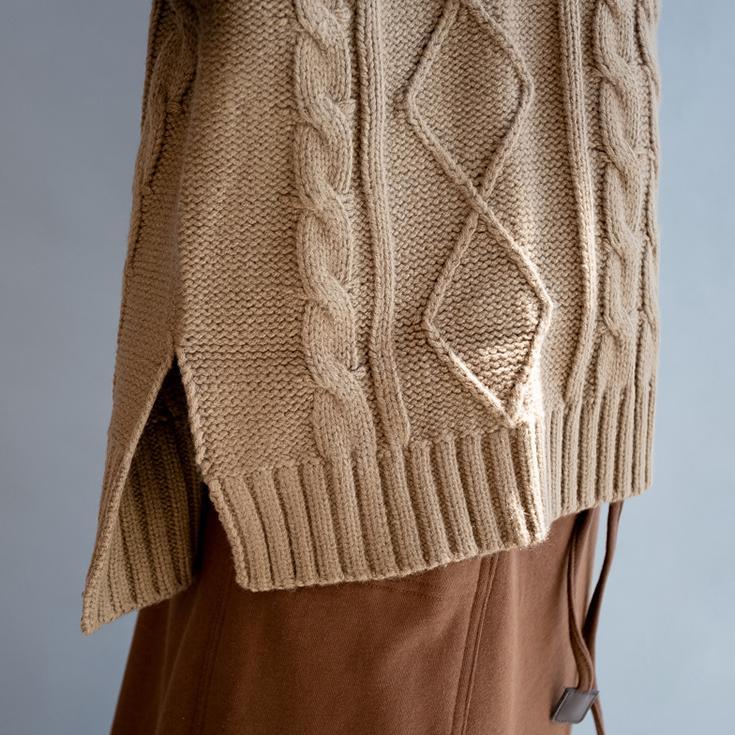 Khaki Cable knit sweater women short sweaters pullover cotton knitted tops turtle neck - Omychic