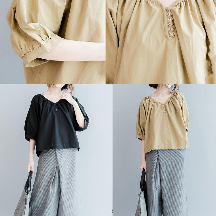 Khaki V neck oversize tops plus size cotton blouses womens shirts - Omychic
