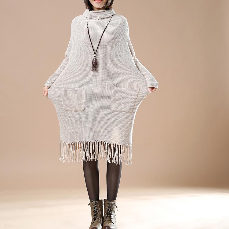 Khaki elegant knit dreses plus size sweaters tasssled dresses - Omychic
