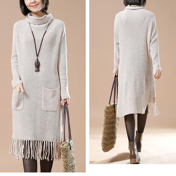 Khaki elegant knit dreses plus size sweaters tasssled dresses - Omychic
