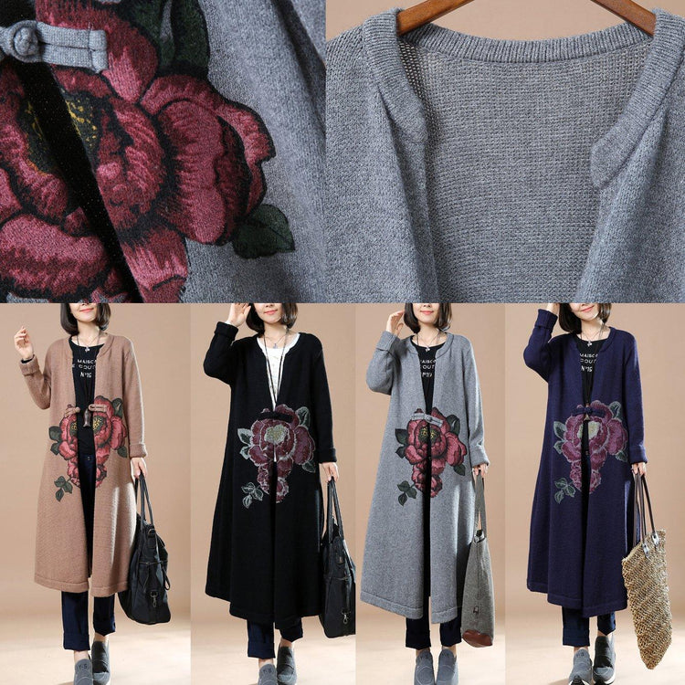 Khaki floral sweater coats long knit outwear - Omychic