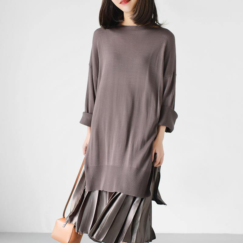 Khaki knit top plus size long blouse causal knit clothing - Omychic