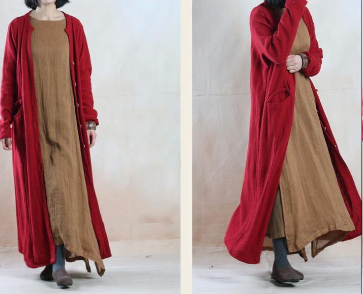Khaki layered flowy linen maxi dress plus size linen clothing - Omychic