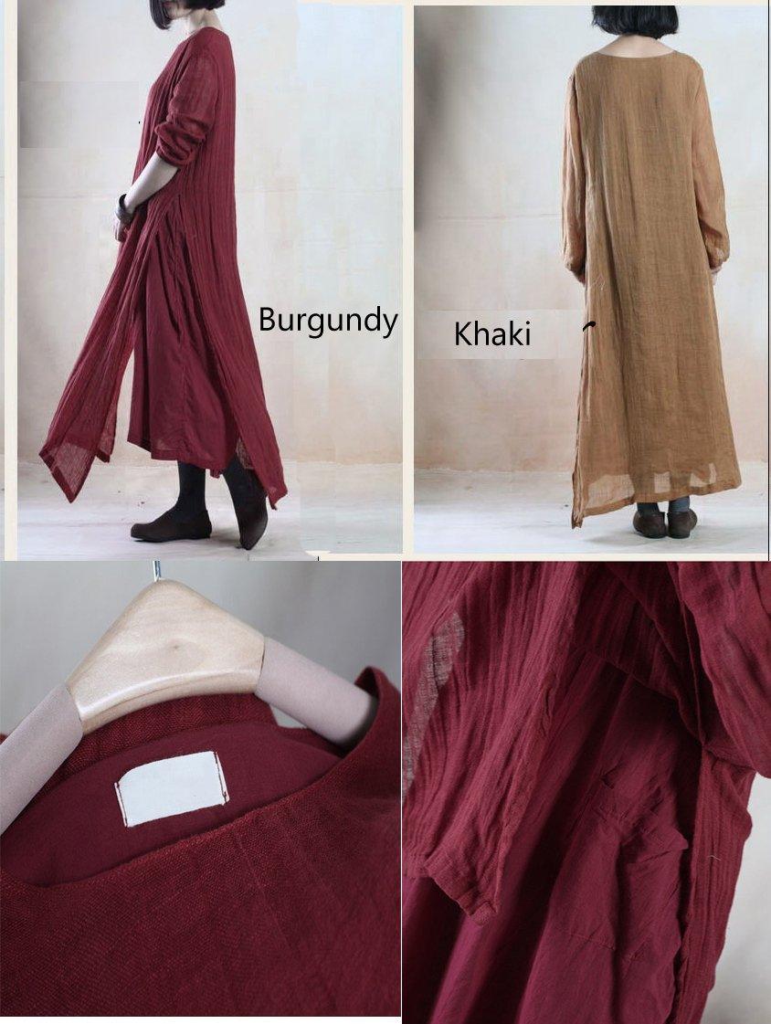 Khaki layered flowy linen maxi dress plus size linen clothing - Omychic