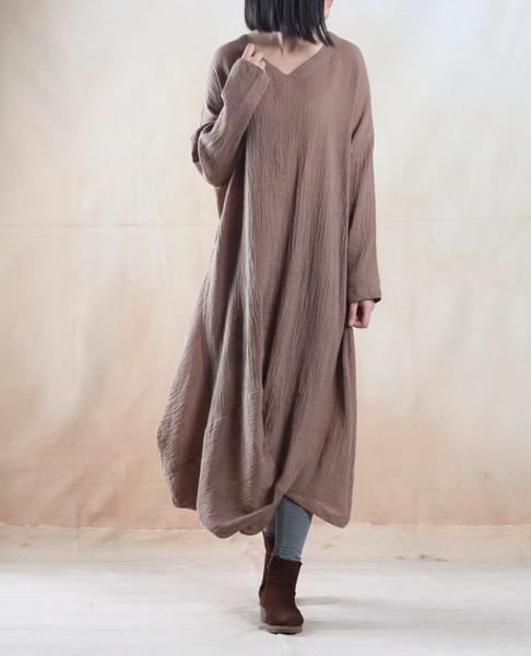 Khaki long linen dress maxi spring caftan dress Asymmetric gown - My freedom - Omychic