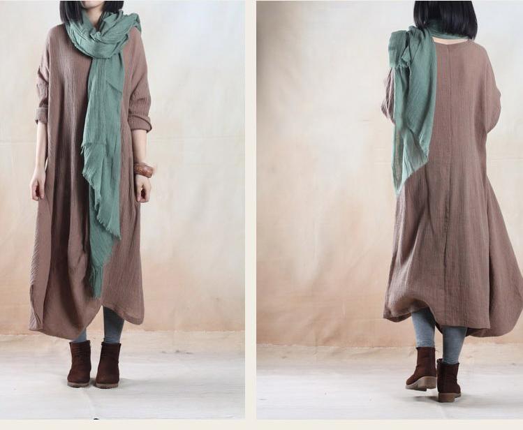 Khaki long linen dress maxi spring caftan dress Asymmetric gown - My freedom - Omychic