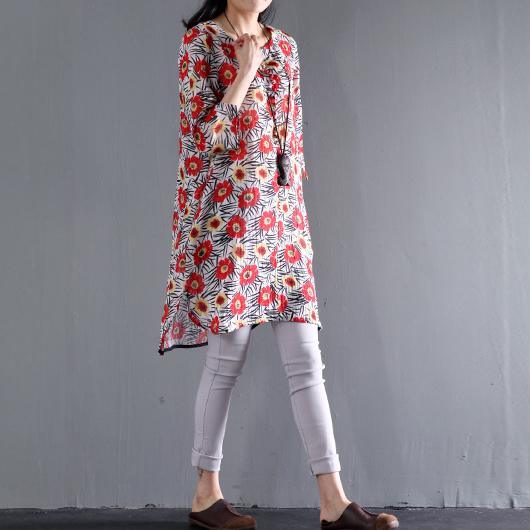 Khaki plus size floral sundress linen summer shift dresses plus size asymmetric - Omychic