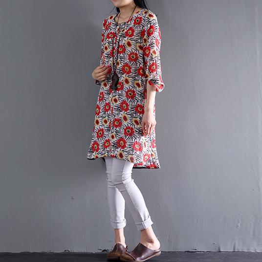 Khaki plus size floral sundress linen summer shift dresses plus size asymmetric - Omychic