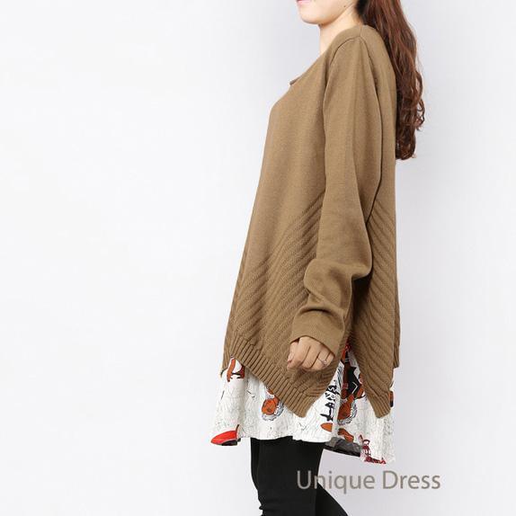 Khaki print layered long sweater dress - Omychic