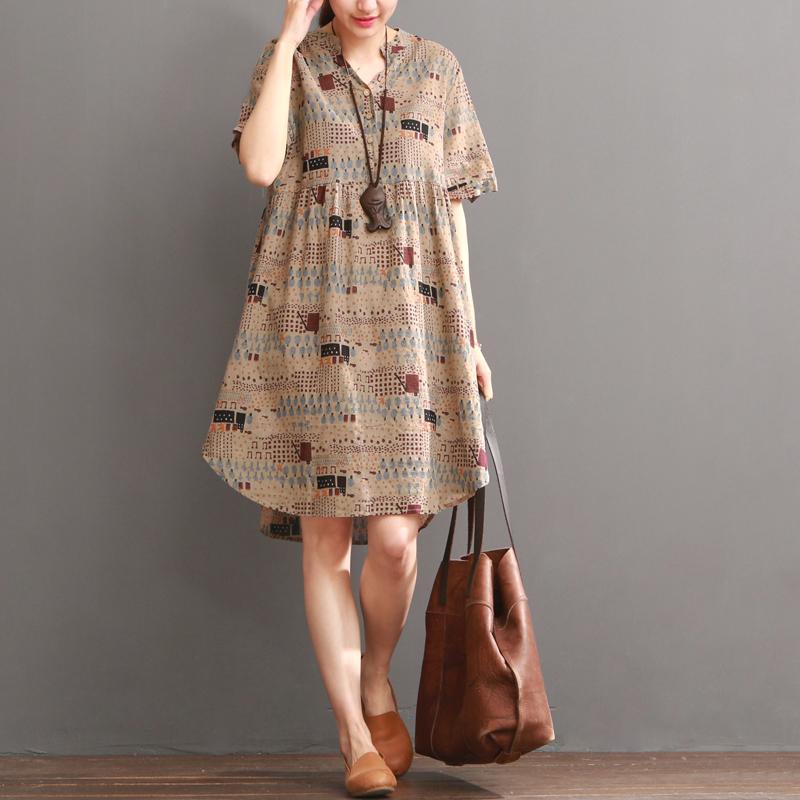 Khaki print summer shift dress long blouse - Omychic