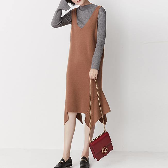 Khaki sleeveless knit dresses little knit strap dress - Omychic