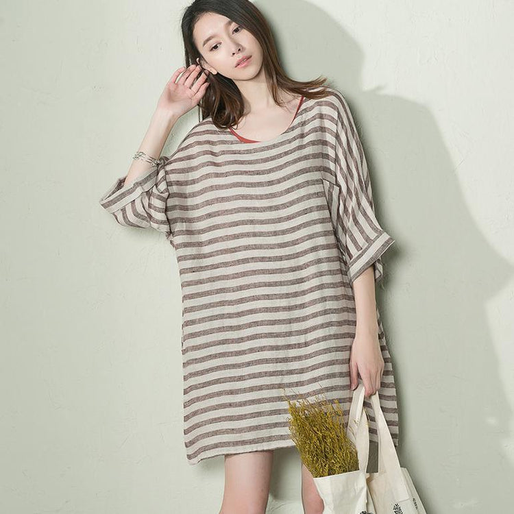 Khaki strip oversize summer linen dress plus size sundress holiday dress - Omychic