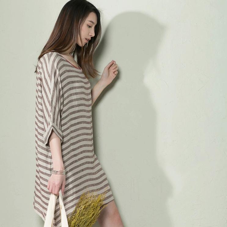 Khaki strip oversize summer linen dress plus size sundress holiday dress - Omychic