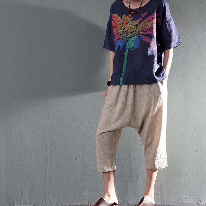 Khaki stylish linen summer pants palazzo pants crop trousers - Omychic