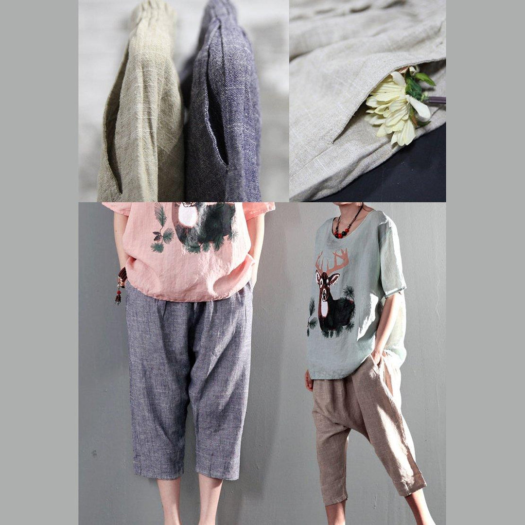 Khaki stylish linen summer pants palazzo pants crop trousers - Omychic