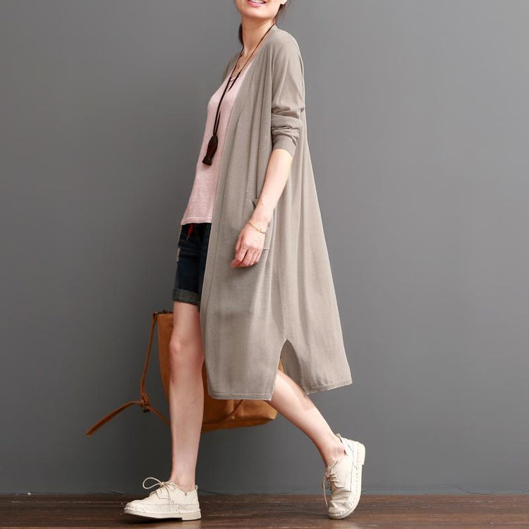 Khaki summer linen maxi coats cotton long sleeve coats - Omychic