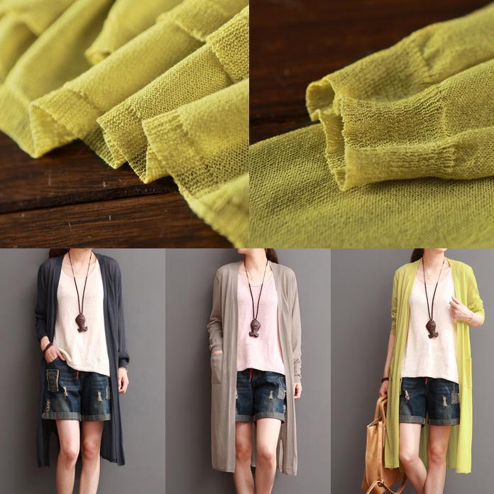 Khaki summer linen maxi coats cotton long sleeve coats - Omychic