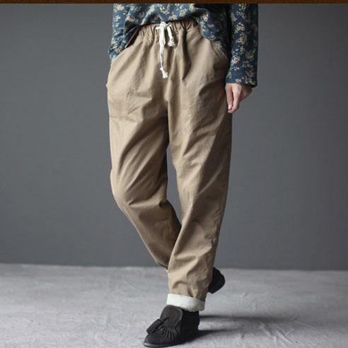 Khaki thick velour women pants trousers - Omychic