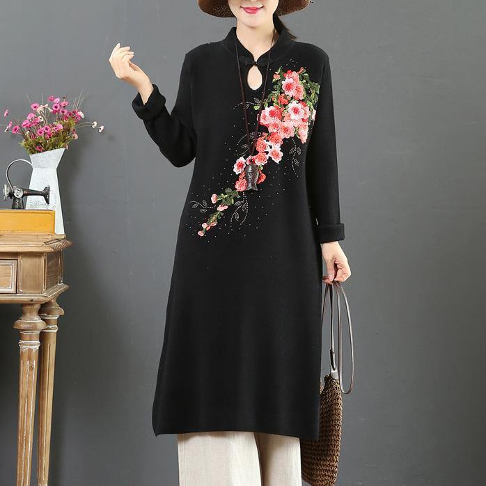 Knitted stand collar Sweater embroidery dress Largo black slim Hipster knitwear - Omychic