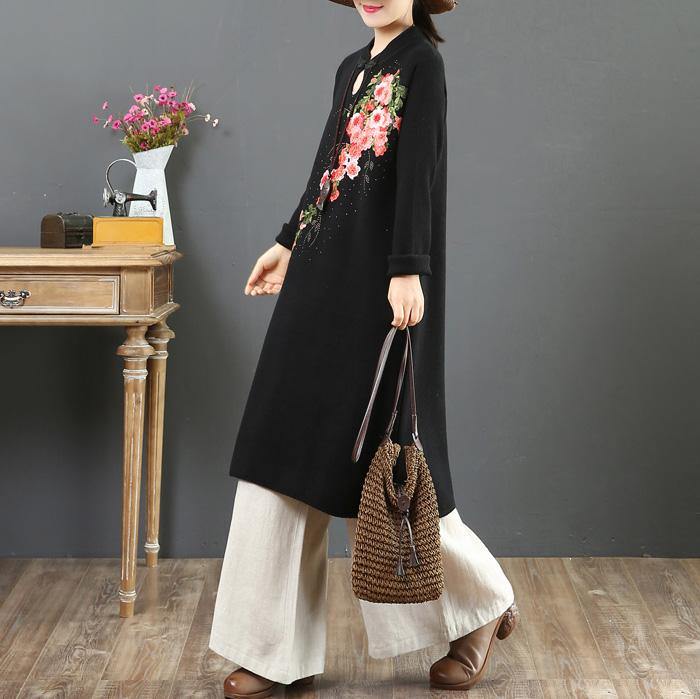 Knitted stand collar Sweater embroidery dress Largo black slim Hipster knitwear - Omychic