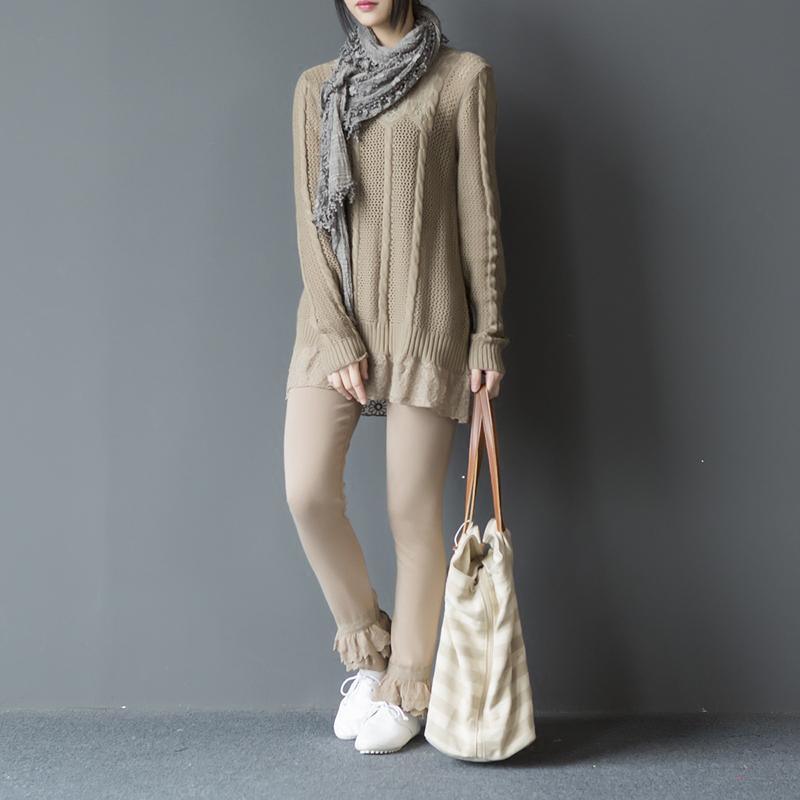 Lace trim khaki cable knit sweater dresses - Omychic