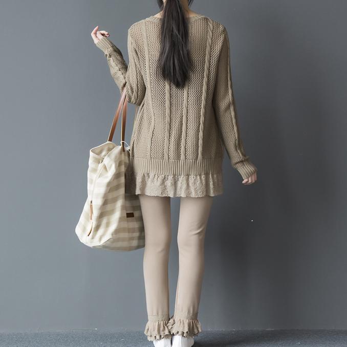 Lace trim khaki cable knit sweater dresses - Omychic