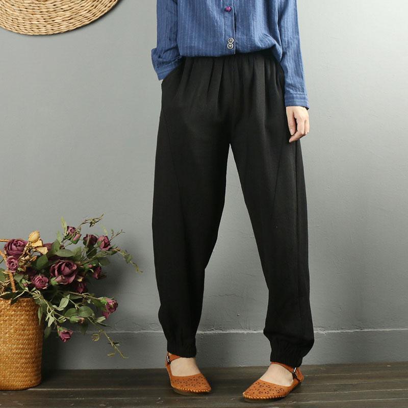 Ladies black loose large size beam pants cotton and linen elastic waist pants - Omychic