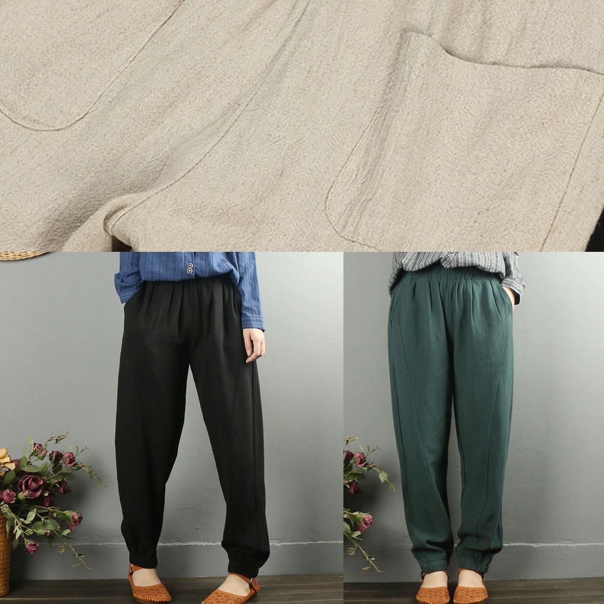 Ladies black loose large size beam pants cotton and linen elastic waist pants - Omychic