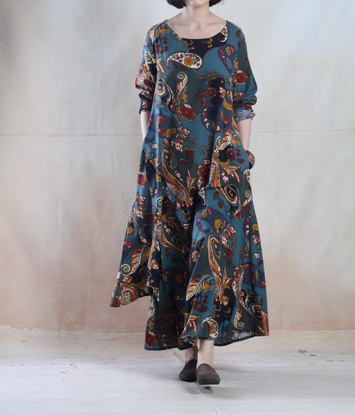 Lake blue vintage Asymmetric linen maxi dress long linen spring dress plus size - Omychic