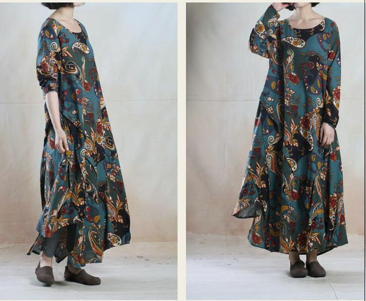 Lake blue vintage Asymmetric linen maxi dress long linen spring dress plus size - Omychic