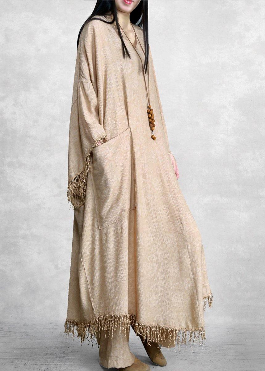 Large Loose Women's Apricot Silk Linen Jacquard Tassel Robe Two Piece Set ( Limited Stock) - Omychic