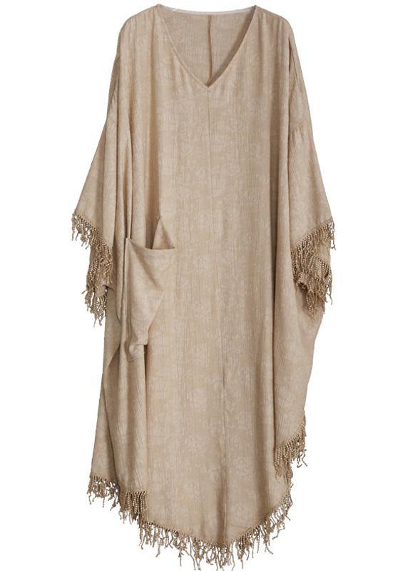 Large Loose Women's Apricot Silk Linen Jacquard Tassel Robe Two Piece Set ( Limited Stock) - Omychic