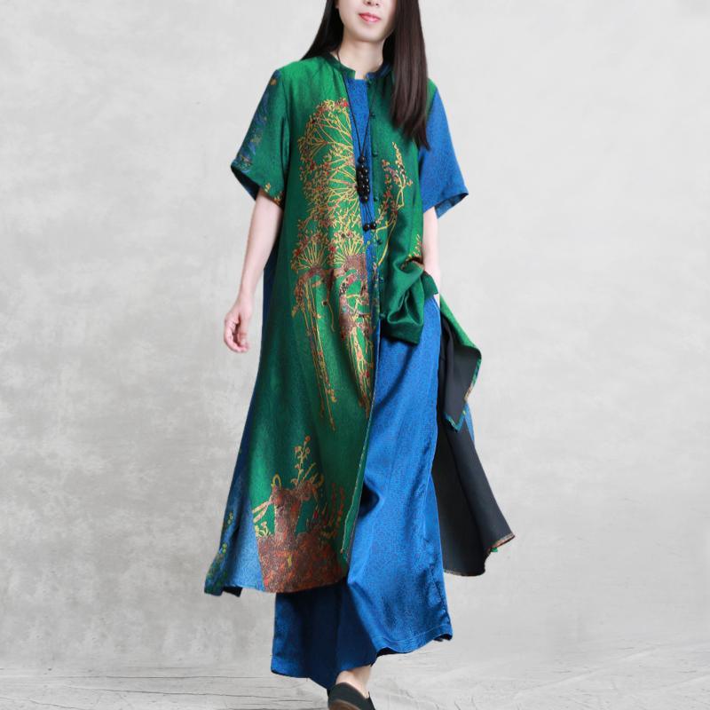 Large size fashion expensive silk suit summer blue green ethnic style drape irregular long coat wide leg pants - Omychic