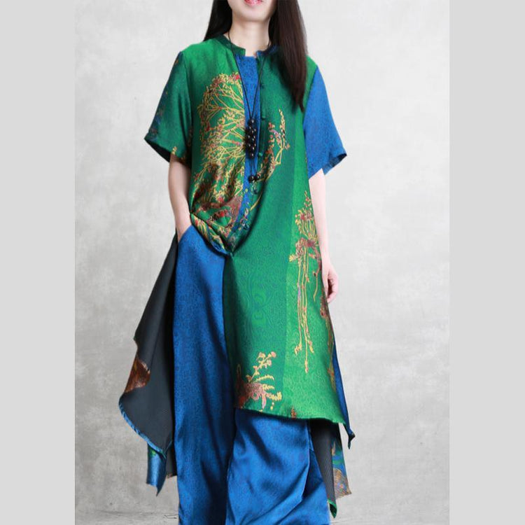 Large size fashion expensive silk suit summer blue green ethnic style drape irregular long coat wide leg pants - Omychic