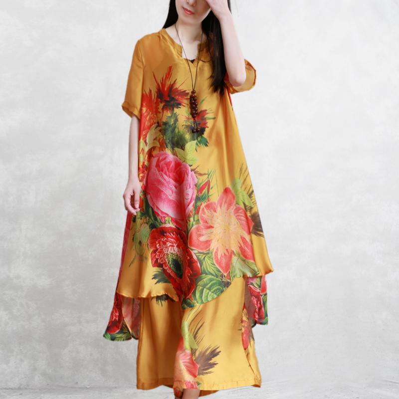 Large size yellow printed silky literary two-piece light shirt + nine pants summer new - Omychic