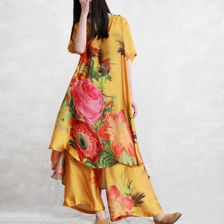 Large size yellow printed silky literary two-piece light shirt + nine pants summer new - Omychic