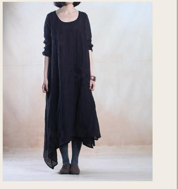 Layered black pleated linen maxi dress long traveling dresses - Omychic
