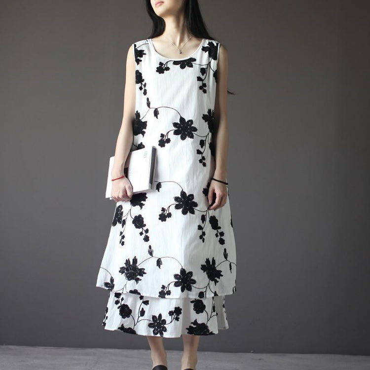 Layered embroideried flower sundress white linen summer dress - Omychic