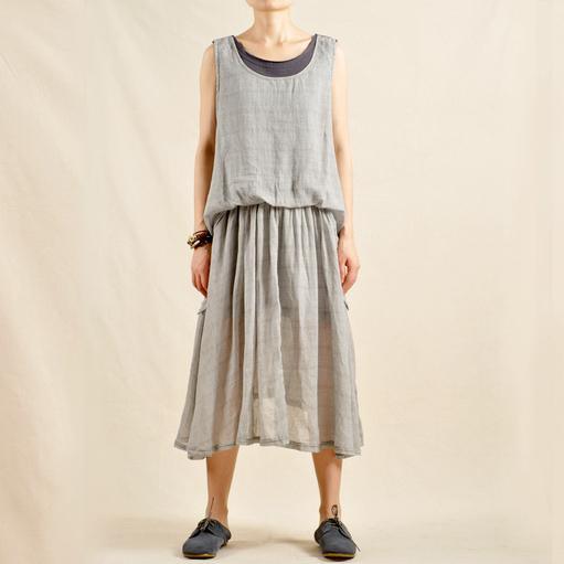 Layered gray sundress linen maxi dress - Omychic