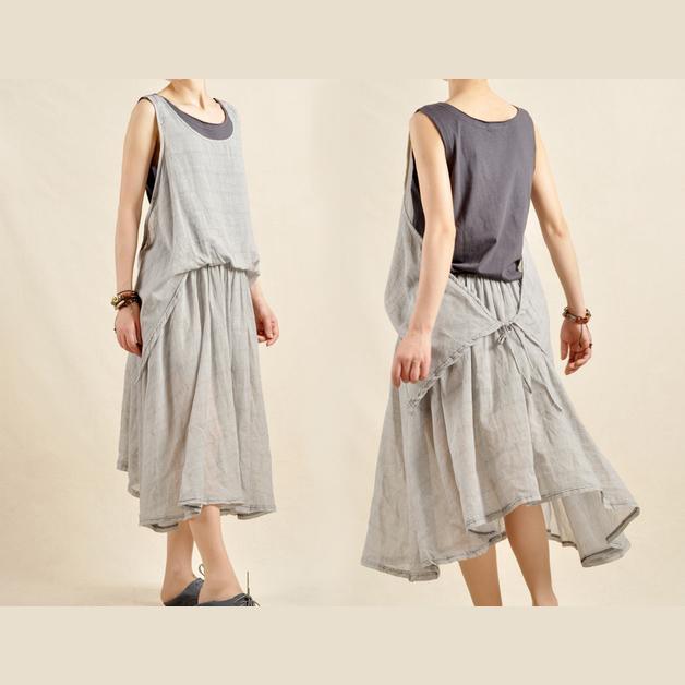 Layered gray sundress linen maxi dress - Omychic